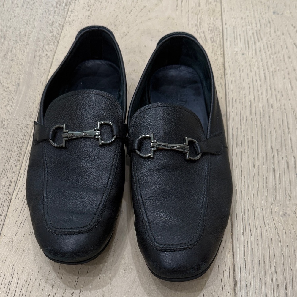 Salvatore Ferragamo Black Leather Slip-On Loafers, 9 EE
